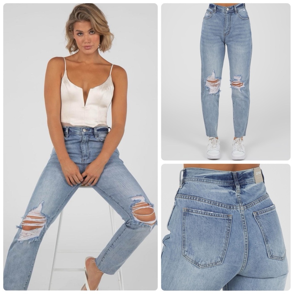 Free People NWT Ziggy Denim High Rise Relaxed Taper Distressed Jeans, Light Wash